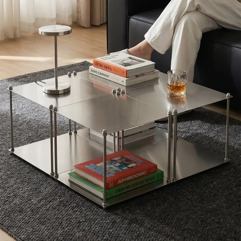 Home Silver stainless steel brushed high-end square storage rack household coffee table