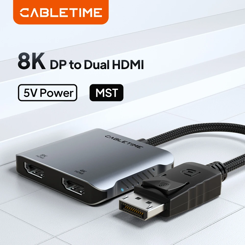 CABLETIME Displayport to Dual HDMI Adapter 8K MST 4K@60Hz Dual Display UHD LED Light DP To HDMI for Display Dock For Mac Laptop