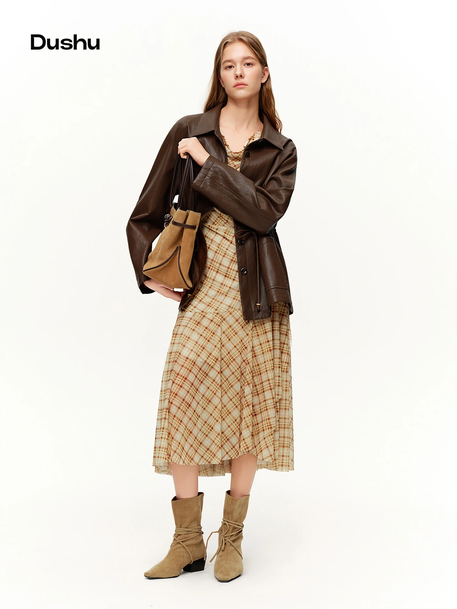 

DUSHU Коричневое ретро-платье-жилет в клетку из сетки для женщин, весна 2026, новинка, курортный стиль, макси-сарафан, праздничный, романтический, городской стиль