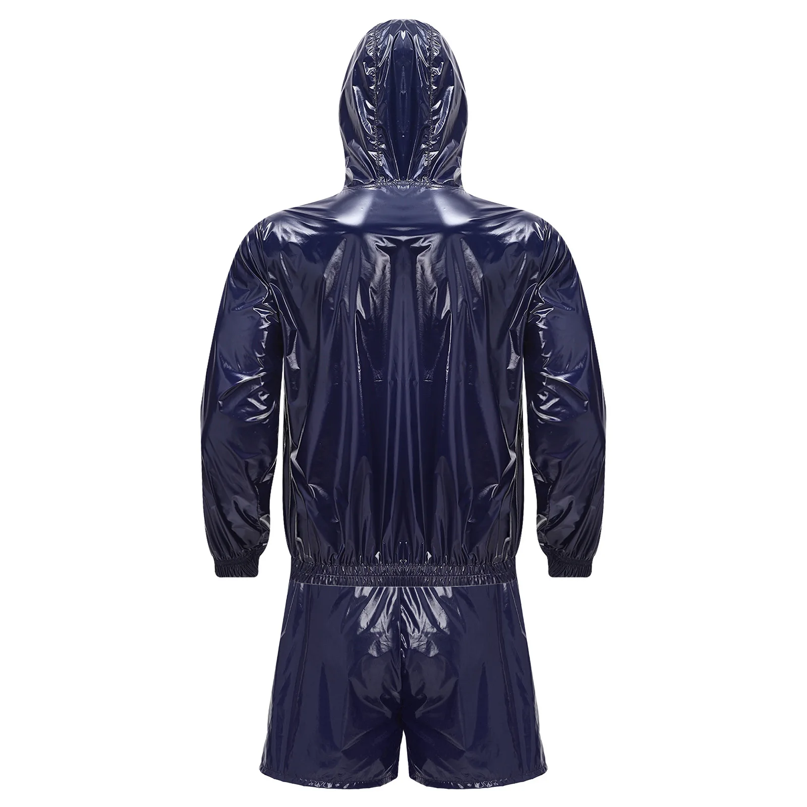Mens Waterproof Sauna Outfit Glossy Sweat Suit Hooded Tracksuit Fitness Training Hooded Jacket with Jogging Boxer Shorts Outfits