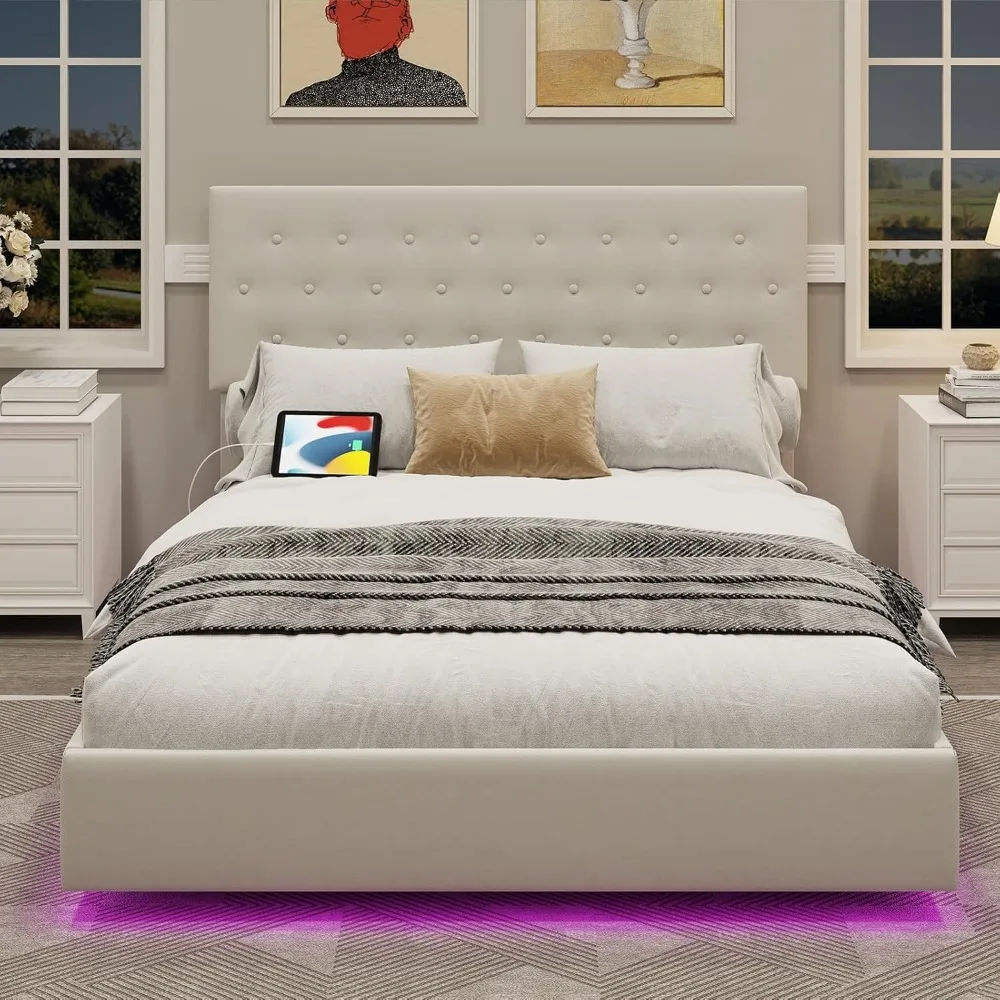 

Queen Size Bed Frame with RGB LED Lights and Charging Station, Button-Tufted Design, Mattress Base with Wooden Slats, No Box Spr