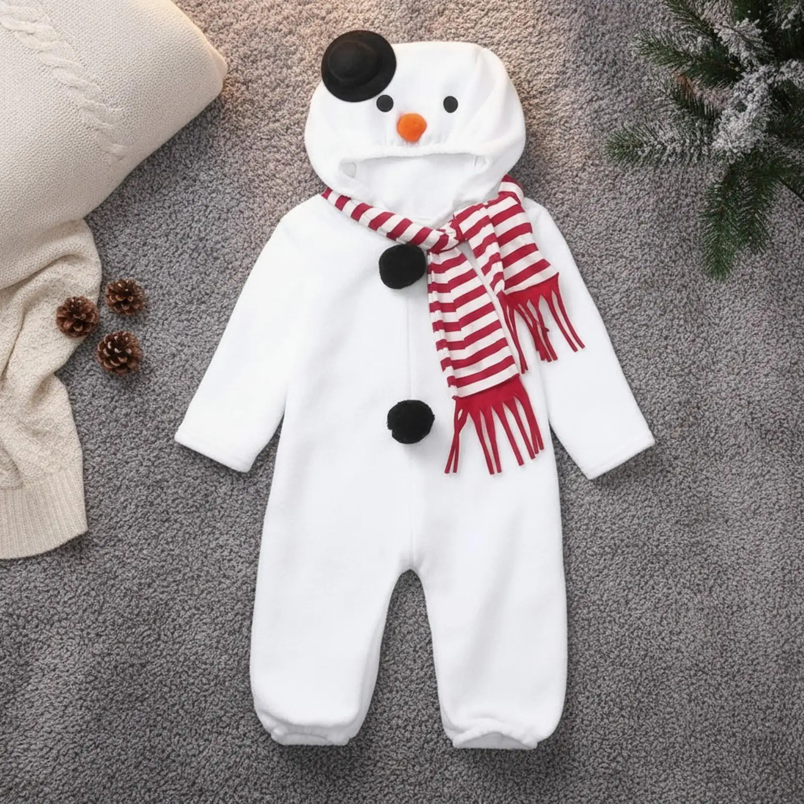 Soft Fleece Lined Children Hooded Jumpsuit Funny Snowman Pajama Onesie with Hat Scarf for Cold Weather Play