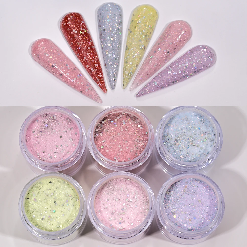 Pó acrílico 3 em 1 nude/rosa para arte em unhas, 6 peças, glitter, cristal fino, pigmento de imersão para mulheres, manicure, salão de beleza, extensão/gravura