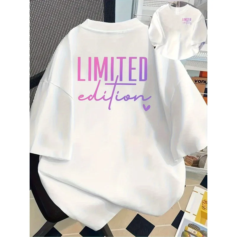 

Women's Printed T-Shirt White with Pink Letters Round Neck Casual Everyday Top Fashionable Short-Sleeve Trendy Printed Shirt