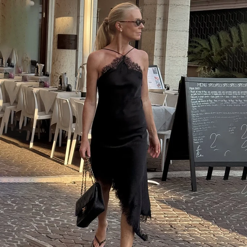 

Ticketsx Sexy Hollow Out Lace Patchwork Black Sleeveless Dress Slim Backless Lace Up Sling Dress Date Beach Vacation Dresses