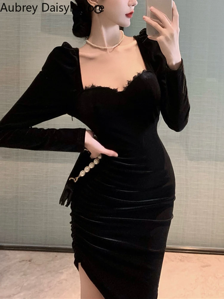 French Elegant Black Velvet Midi Dress Women Sexy Chic Irregular Designer Dress Winter Casual Long Sleeve Evening Party Dress