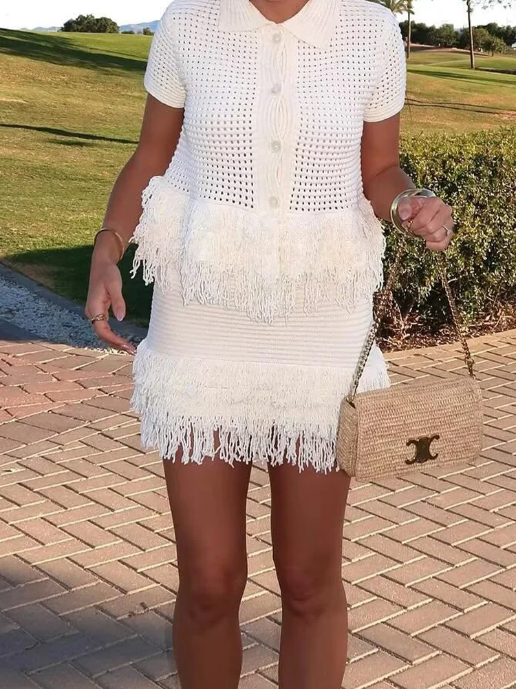 

European and American style summer new fashion trend women's clothing tassel decoration plaid knitted jacket knitted skirt
