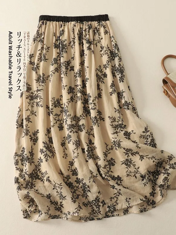 Spódnica midi w stylu retro z bawełny i lnu z nadrukiem, damska, letnia, nowa, z wysokim stanem, luźna, w kształcie litery A, w dużych rozmiarach.