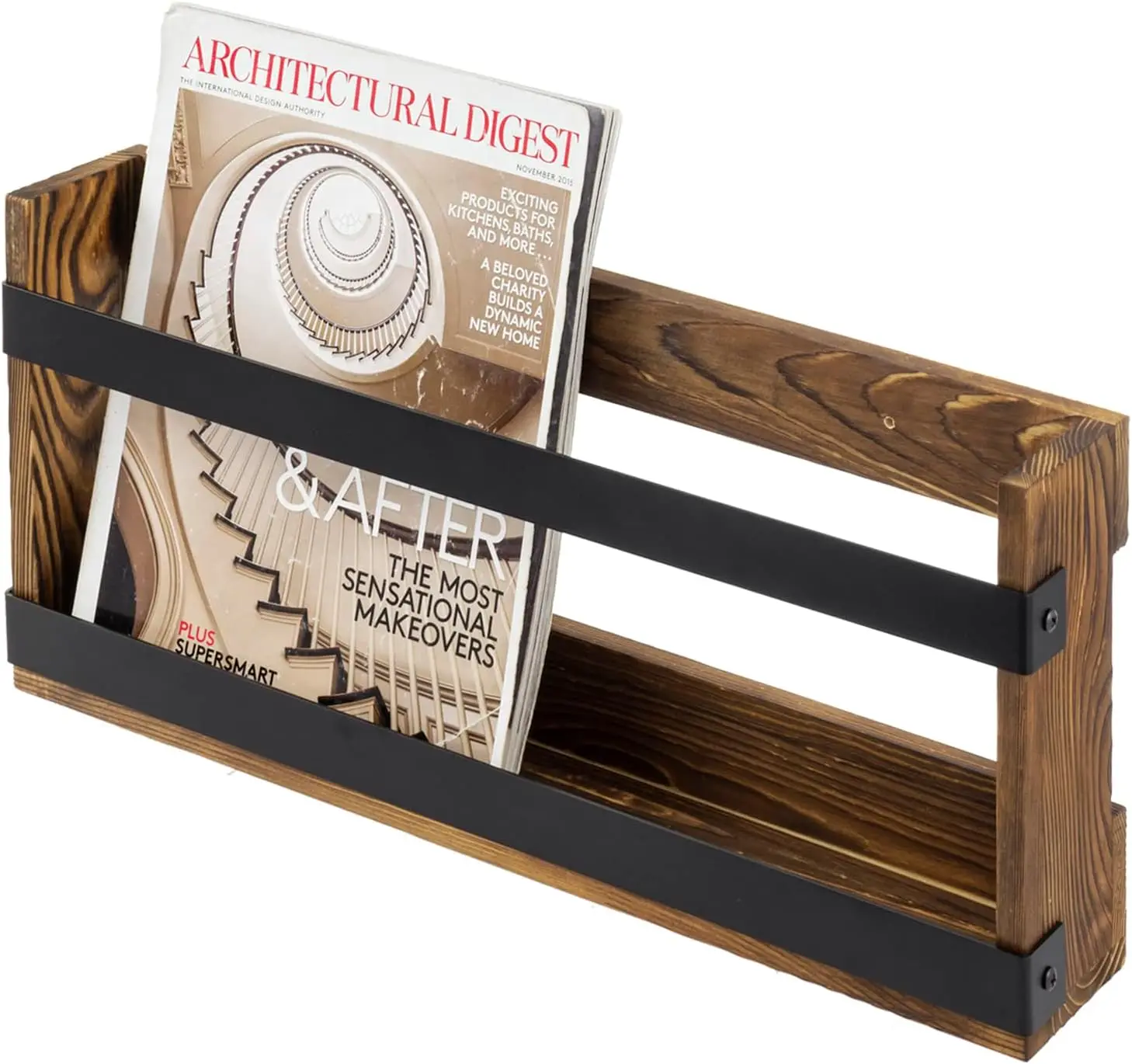 Rustic Wood and Metal Magazine Rack, Wall Mountable Double Wide Book Holder or Standing Organizer