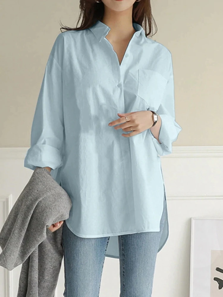 Women\'s Long Sleeve Lapel Pocket Irregular Shirt, Ladies Casual Shirt, Solid Color, Autumn Fashion, New, Plus Size, 8XL,