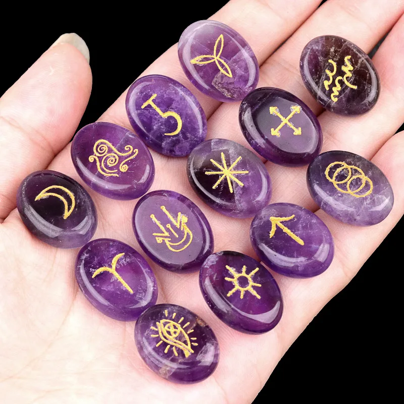 13PCS Amethyst Witches Runes Engraved Gypsy Symbol Healing Crystal Stone for Reiki Meditation Divination