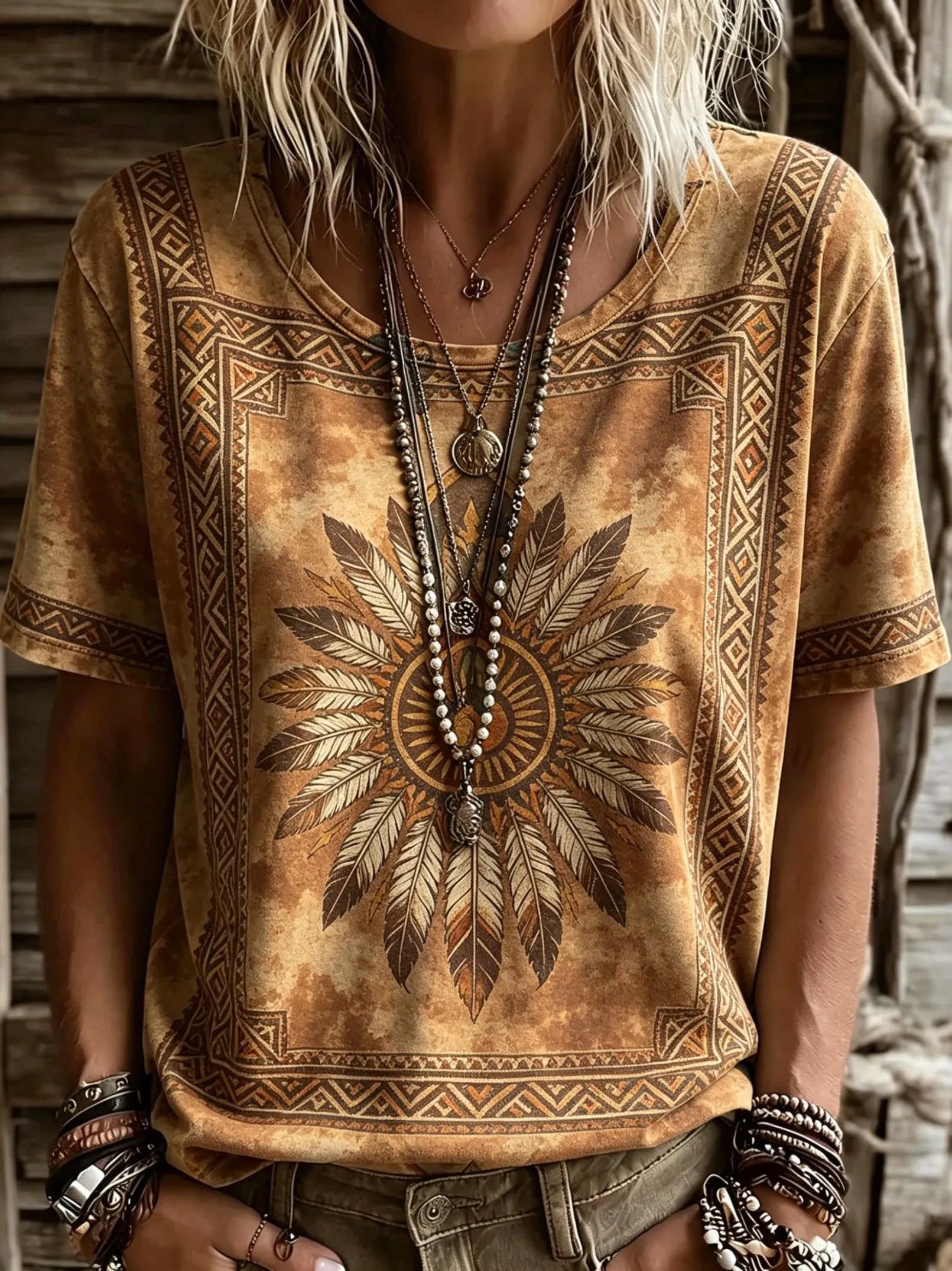 Women's Tribal Feather Geometric Round Neck T-Shirt, Short Sleeve Casual Tops, Brown Vintage Daily Wear for Spring & Summer