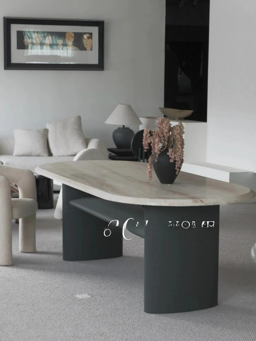 Minimalist style medieval living room rectangular light luxury marble oval dining table rock slab cave stone dining table