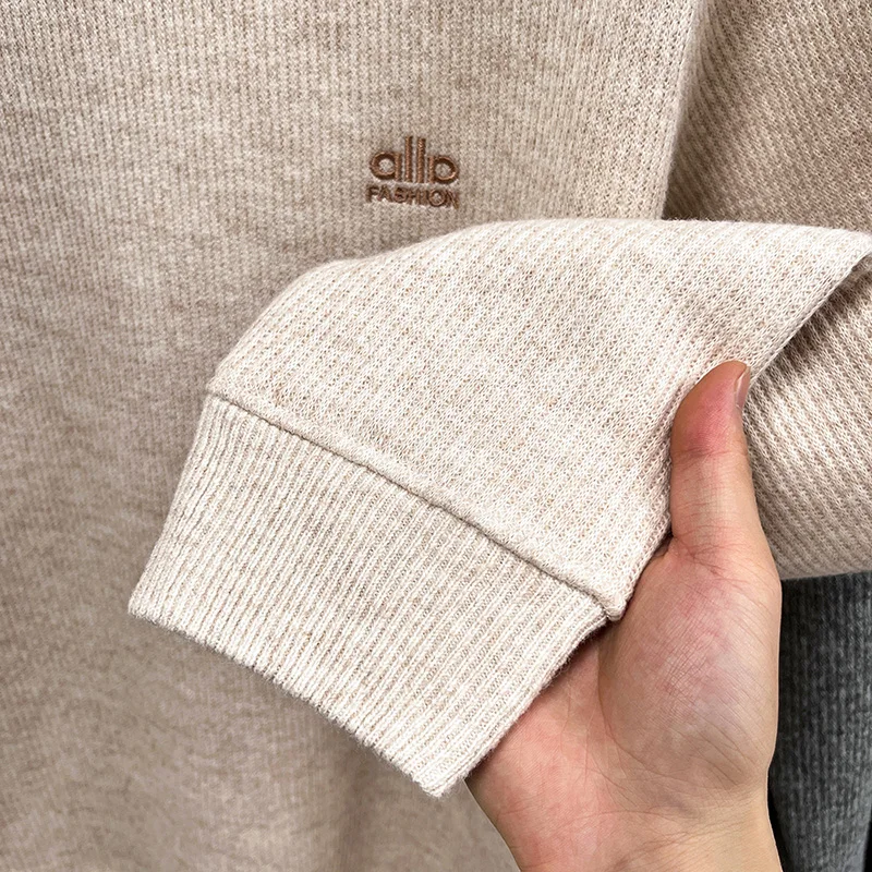 Designer Original Men's Fleece-Lined Thickened Ribbed Crew Neck Sweatshirt Warm Anti Pilling Long Sleeve Casual Autumn Winter