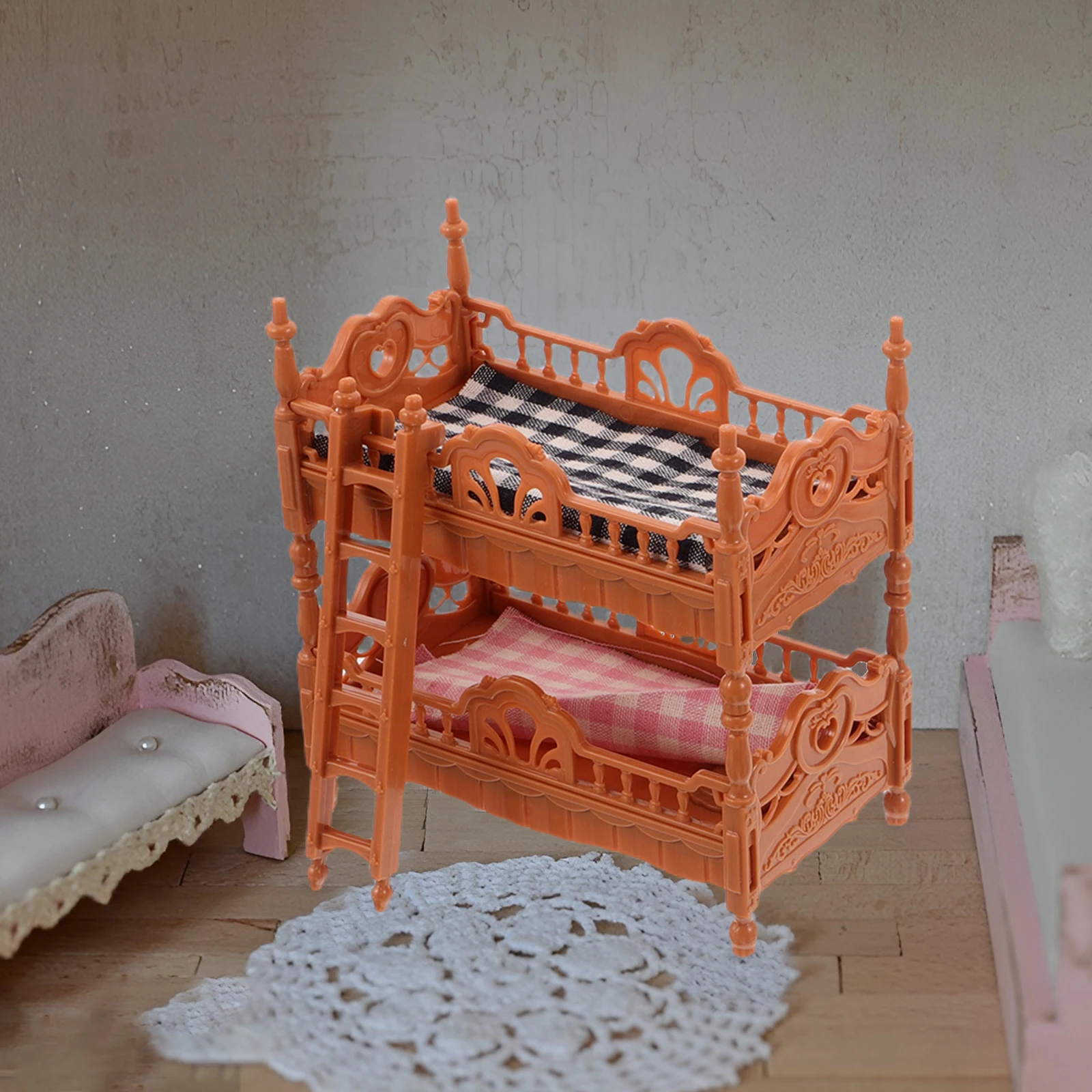 Litera superior e inferior para casa, mini muebles, cama doble en miniatura simulada, literas de plástico para casa de muñecas