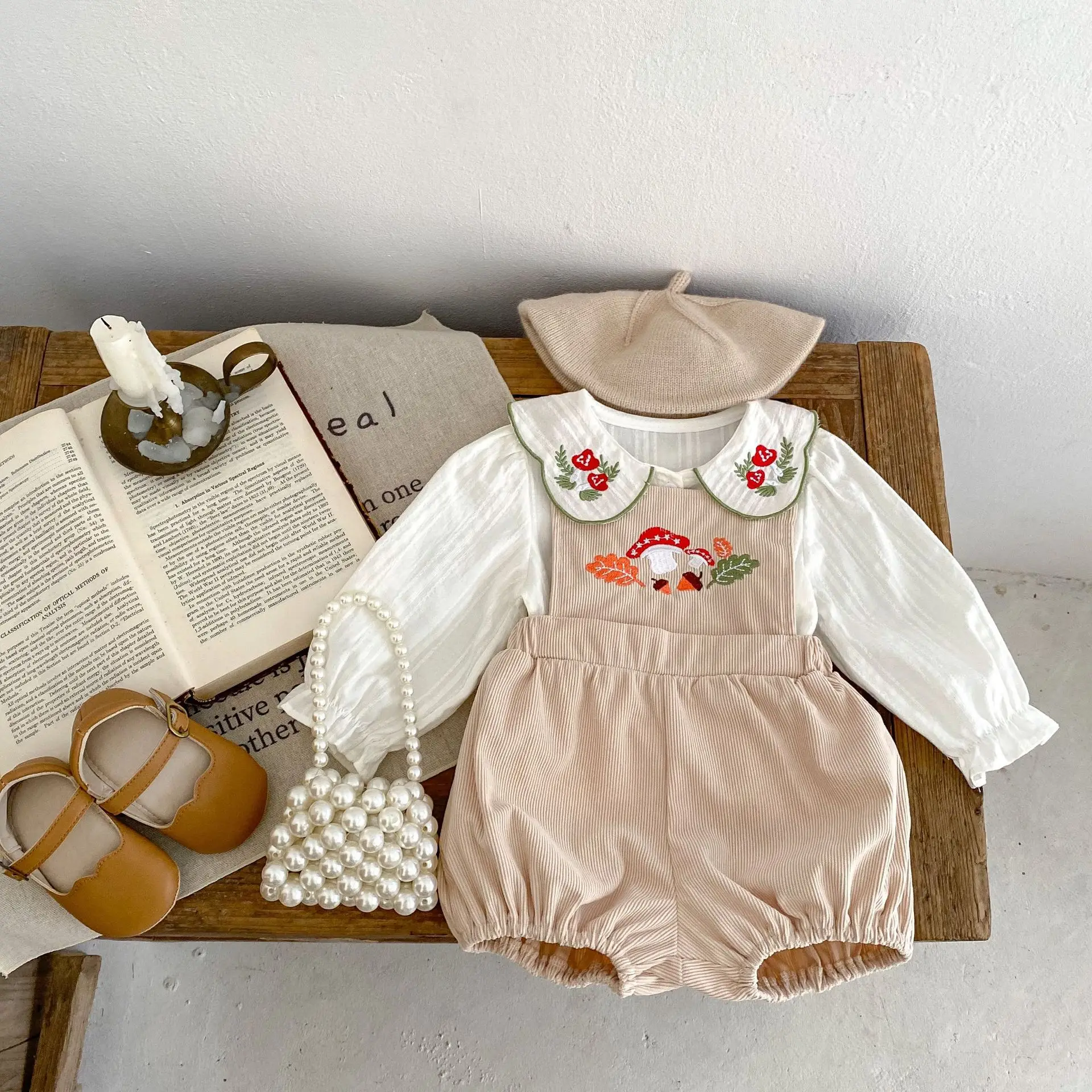 Spring baby Clothing, Embroidered Lapel Cardigan Top and Overalls 2-Piece Set for Female Babies