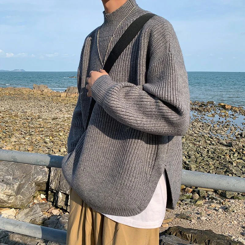 Side Slit  Knitted Turtleneck Vintage Fall Winter Long Sleeve Clothes Fashion Casual Harajuku Men Korean Pullovers High Quality