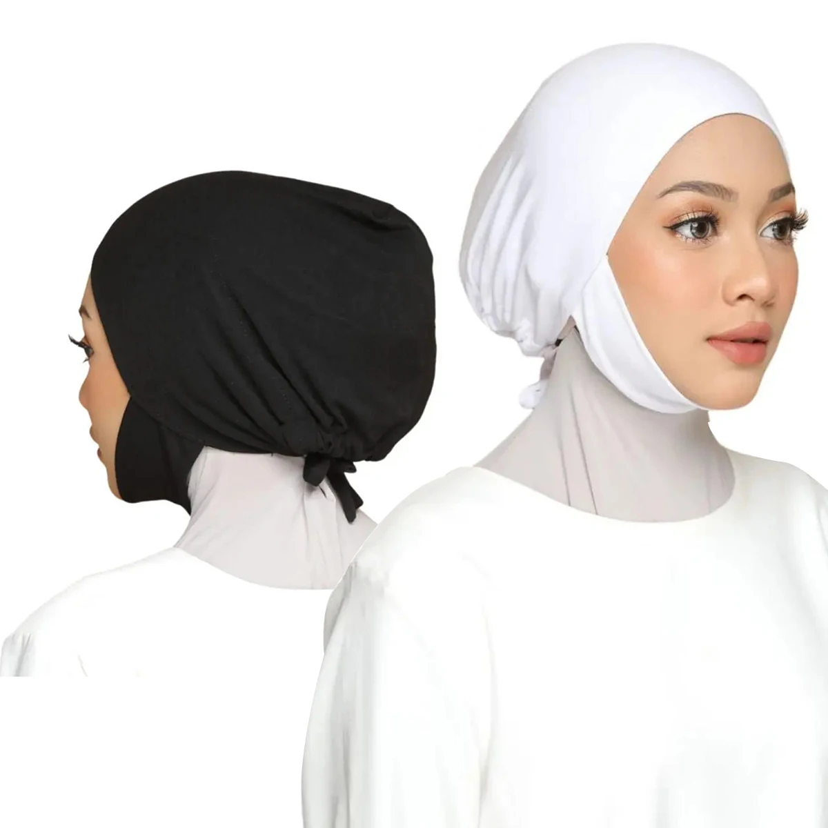 Muslim Plain Hijab Cap Two piece set Stretch Tie Back Jersey Cap Islamic Underscarf Bonnet Female Headscarf Mujer Headwrap