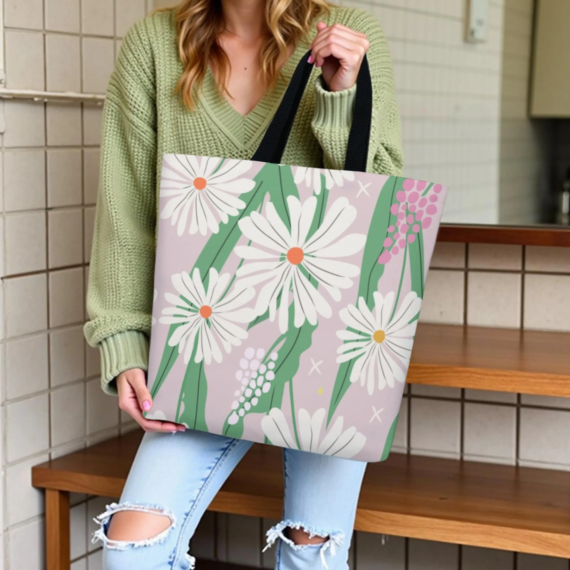 Korean Fresh Floral Trend Canvas Tote Bag Pink Daisy Print Bag for Women Perfect for Nature Enthusiasts Daily Commute & Street