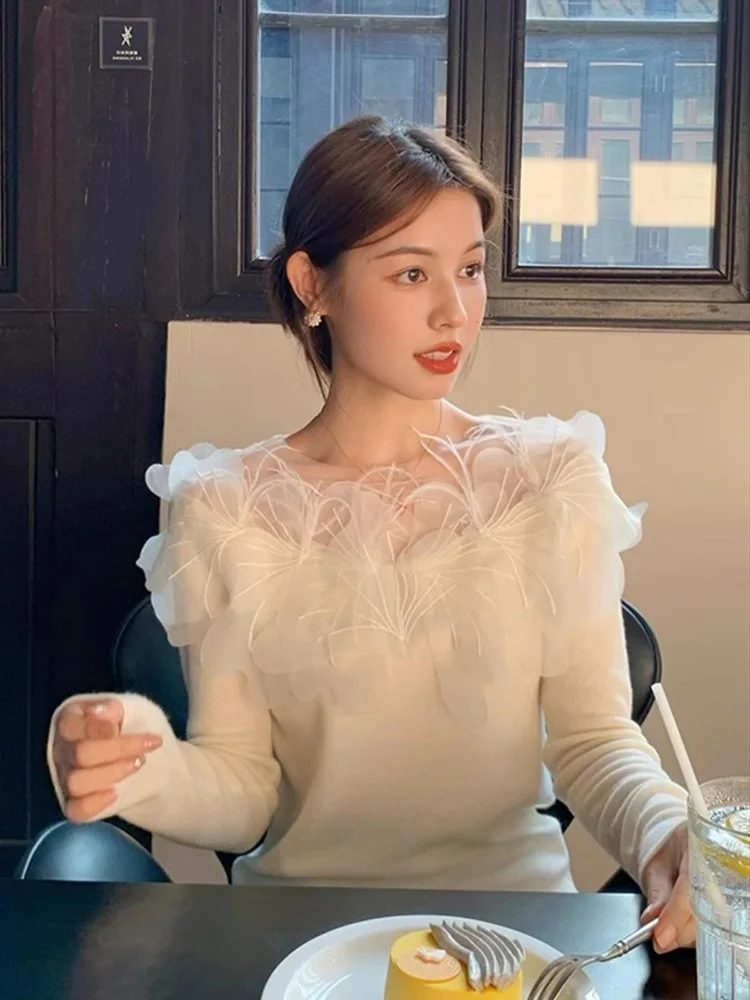 

Women Autumn New Slim Versatile Fashion Temperament Top Elegant Gauze Mesh Flower Long-sleeved Sexy Design Sense T-shirt