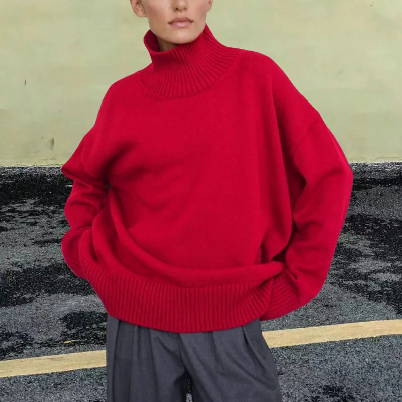 الخريف المرأة محبوك سترة كبيرة الحجم عالية الياقة الأصفر خمر البلوز لينة شتاء دافئ Vintage البلوزات الحمراء للنساء