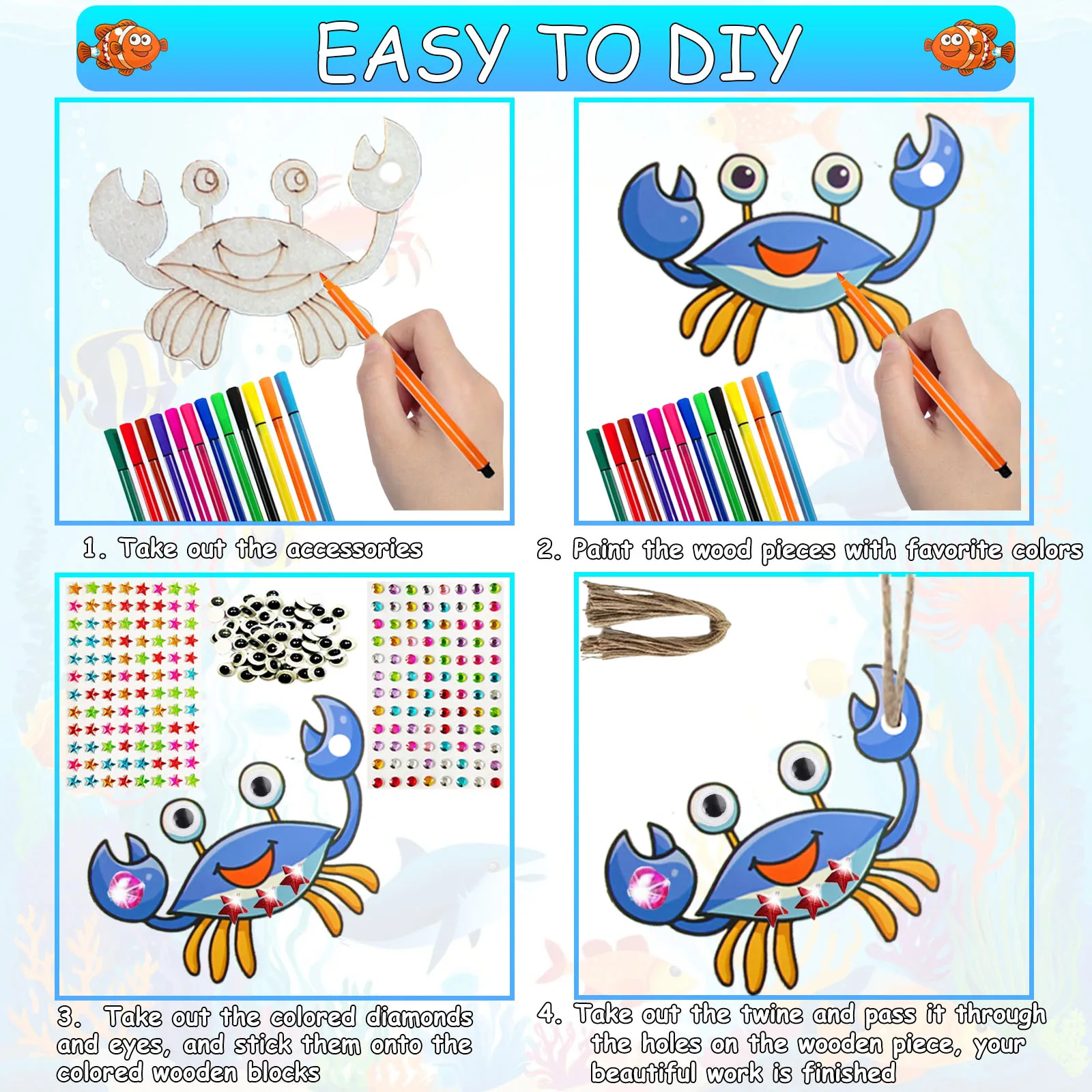 284PCS 海洋動物テーマ木製クラフトセット、DIY クラフトセット、カラフルな木製クラフト、誕生日パーティークラフト