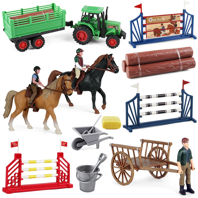 Pasture Simulation Animals Horse Racing Models fence Farm tools Action Figure Solid Collection Doll Educational Toy for Children