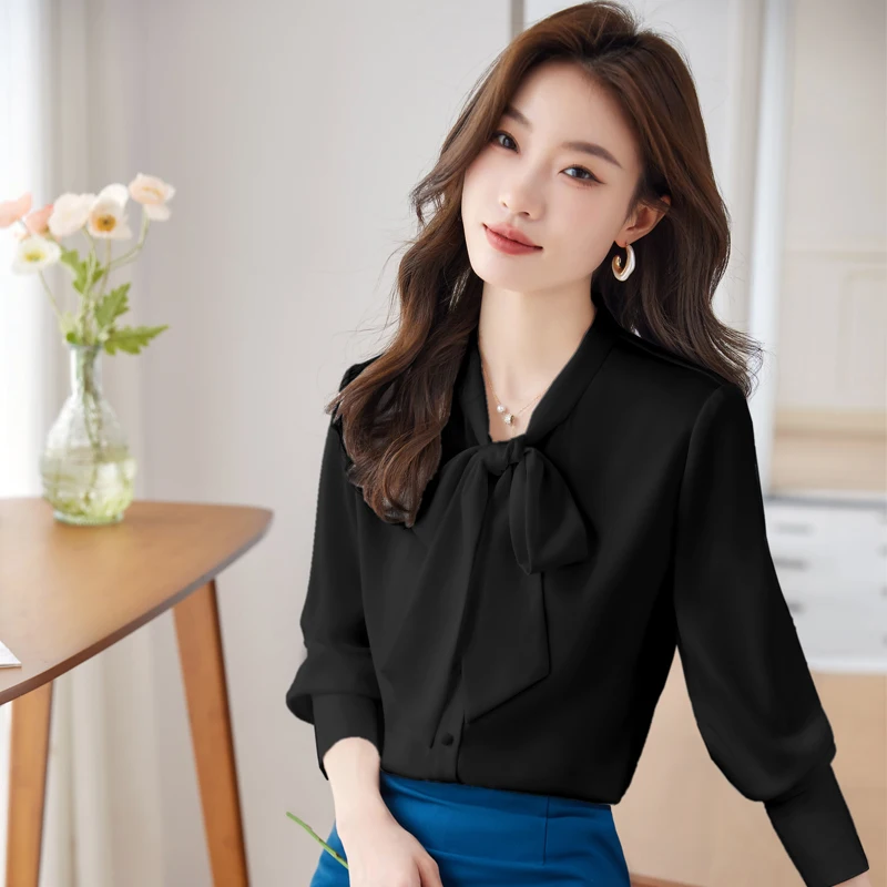 NAVIU Wine Red Shirt Women Spring Autumn New Elegant Temperament V Neck Bow Tie Blouses Office Ladies Work Tops White