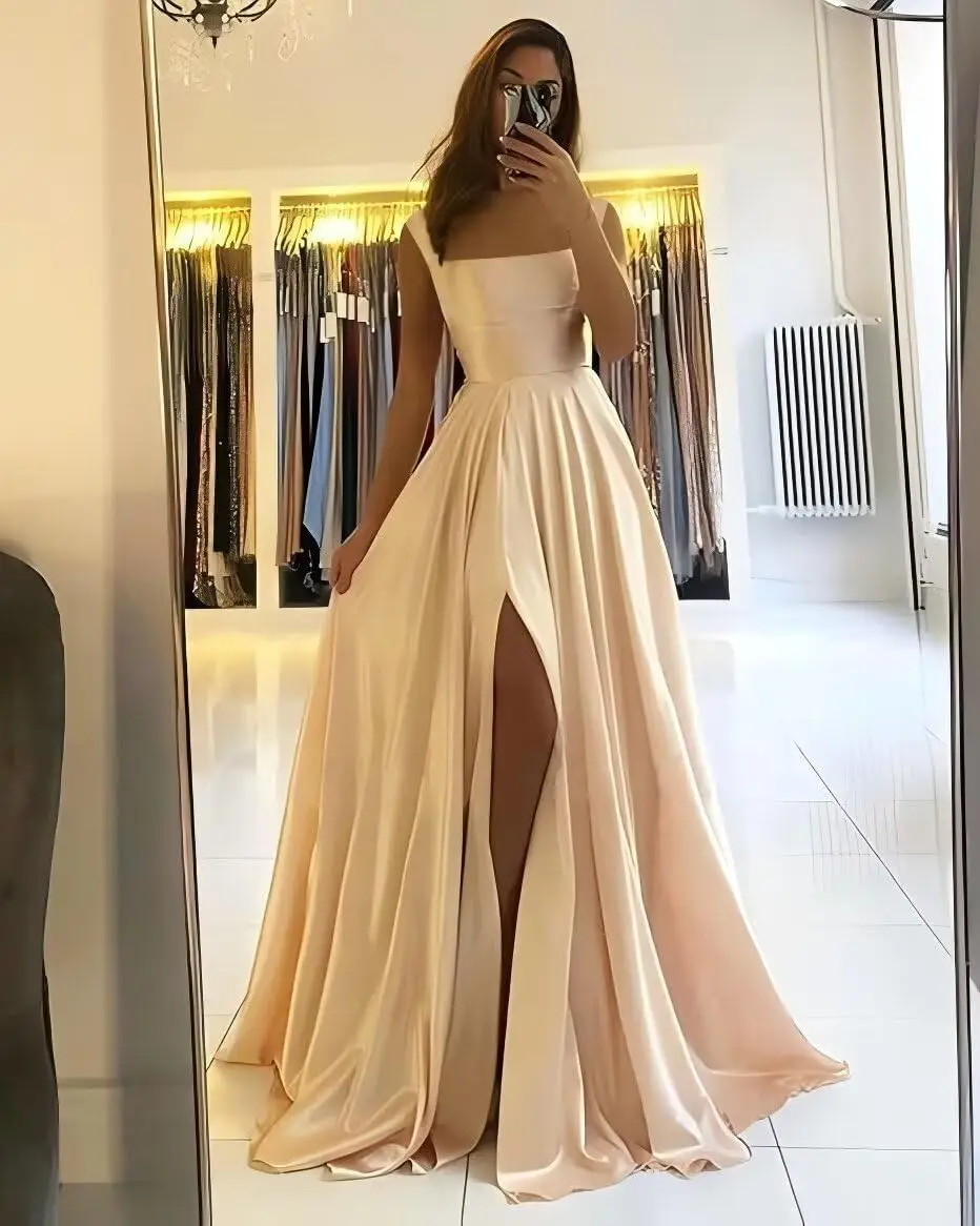 Vestido de fiesta de satén con tirantes finos para mujer, vestido de dama de honor de noche plisado con abertura lateral y bolsillos para ocasiones formales