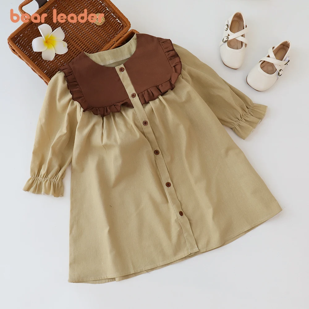 Bear Leader 2024 New Long Sleeved Girls' Dress with Folded Chest and Contrast Color Single Breasted Dress for Girls' Clothing