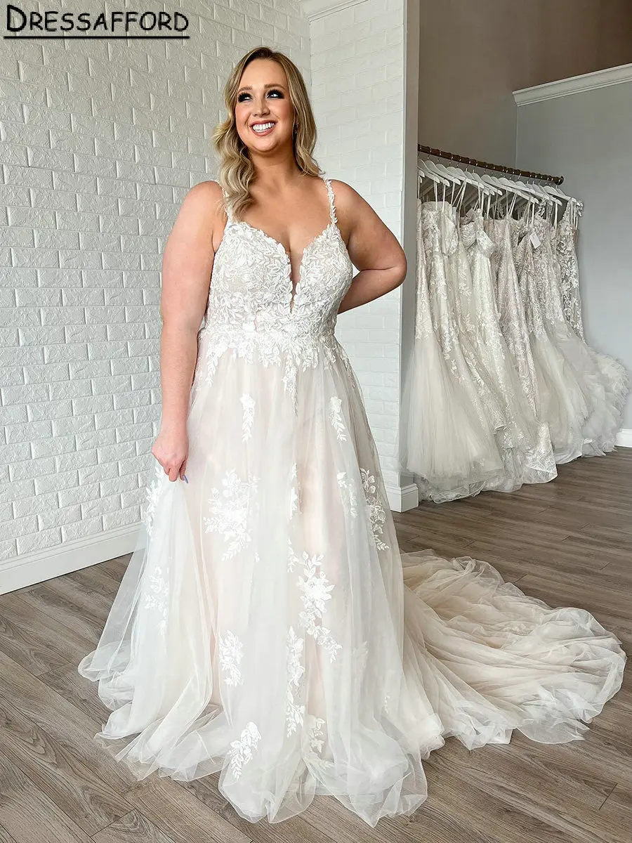 Vestidos De Noiva Lace A Line com Apliques, Correias De Espaguete, Vestidos De Noiva Sem Mangas, Plus Size