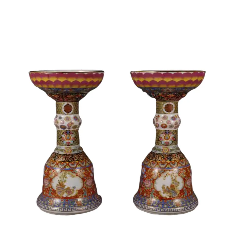 Enamel Color Candle Holder With Flower Bird Lotus Pattern Antique Chinese Porcelain Collectible Home Decor