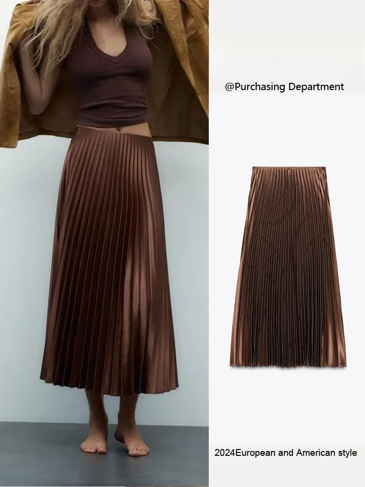 

Ele High Waist Midi Skirt Spring New Arrival Women's Faion Satin Texture Pleated f Body Skirts Commute Sle