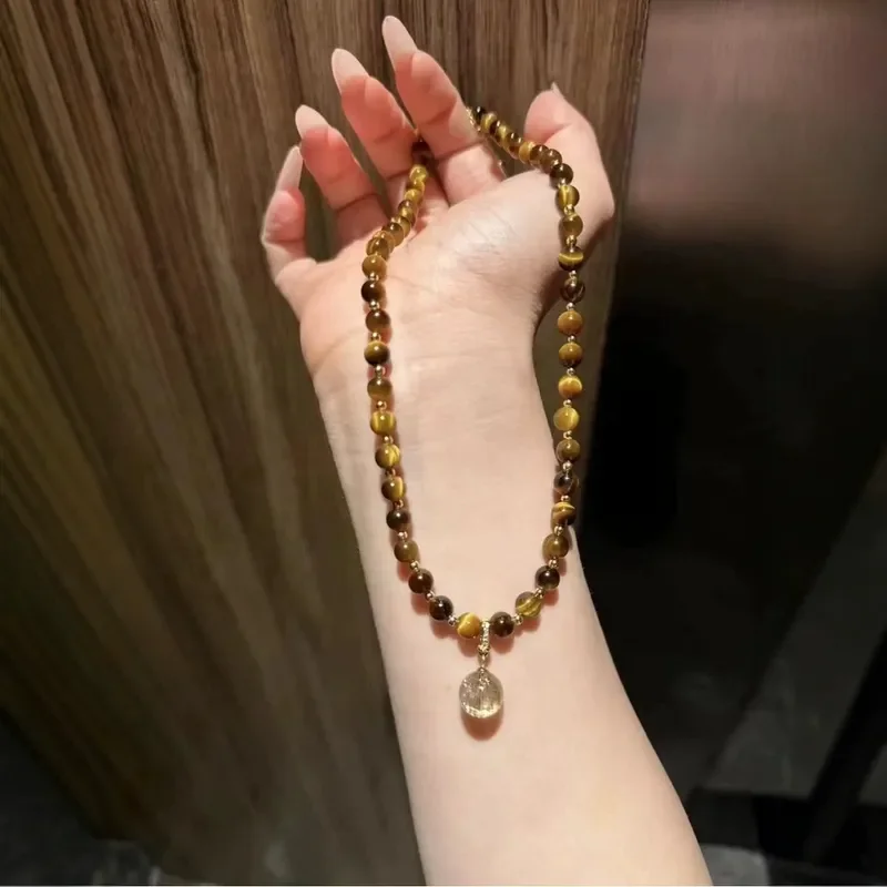 Wang Jiaer's same necklace, tiger's eye stone beaded necklace, women's high-end accessories 2025 new light luxury niche