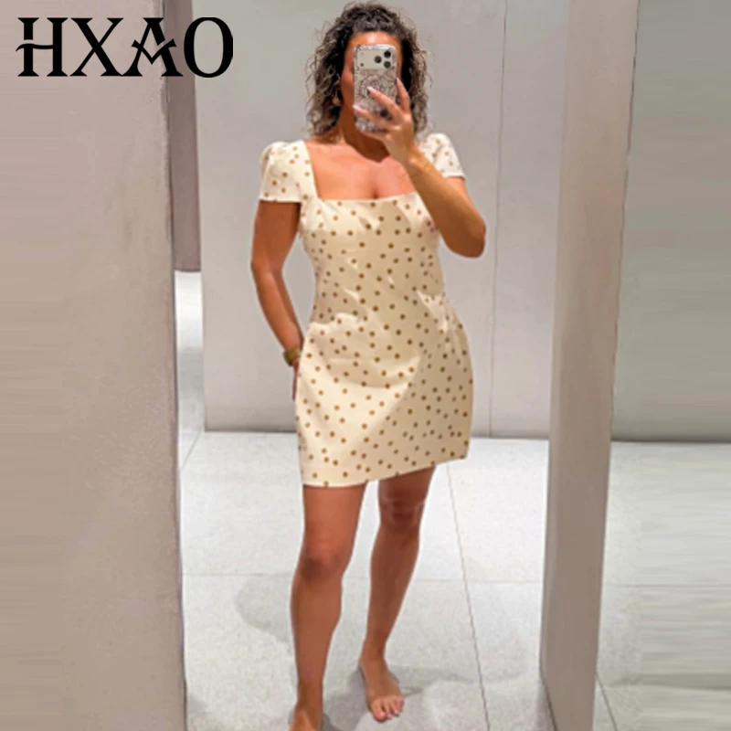 HXAO Mini Polka Dot Kleid Damenkleid Sommer 2026 Süßes Bodycon Rückenfreies Kurzarm-Kleid für Damen Elegantes Urlaubskleid – Detail 3