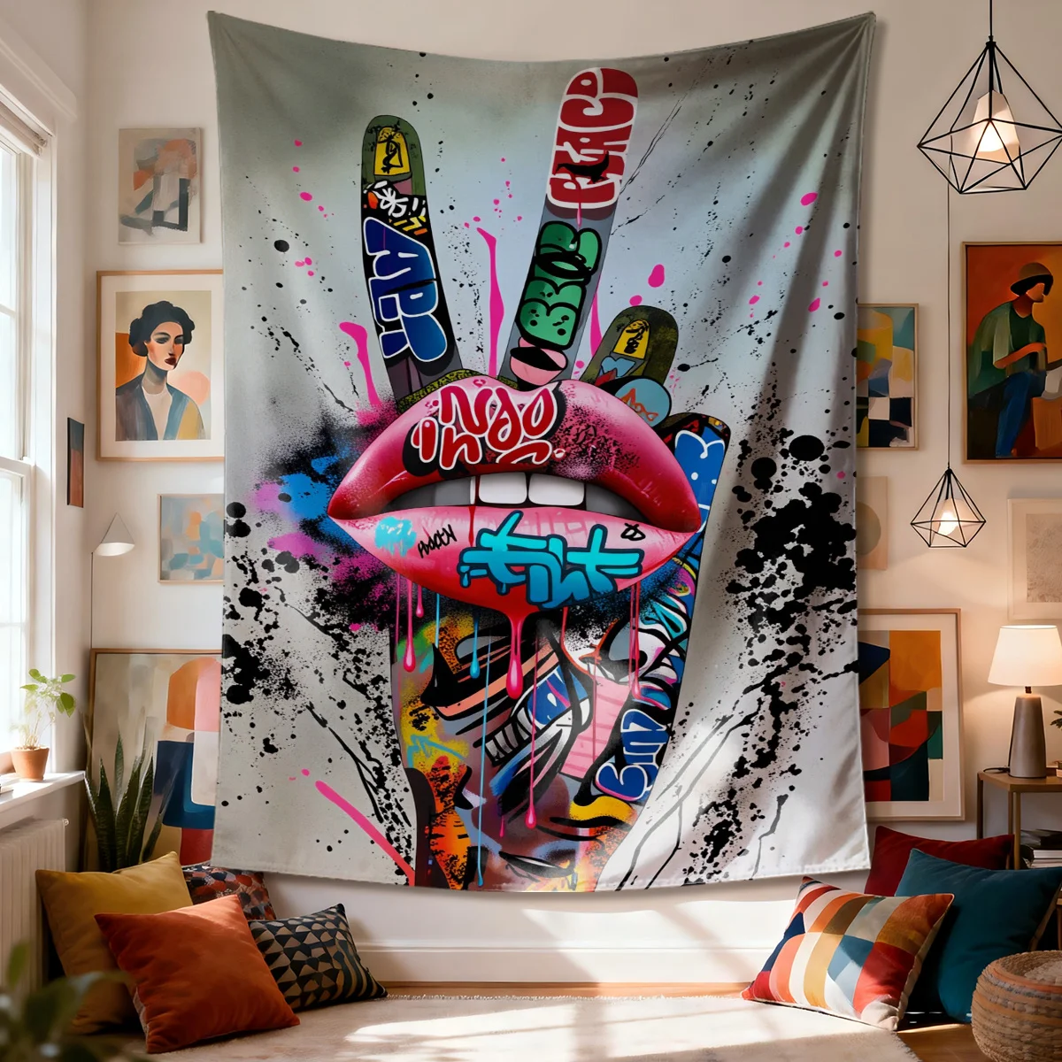 Doodle-style hands and lips Digital printing polyester wall tapestry suitable for use living rooms bedrooms offices bars party