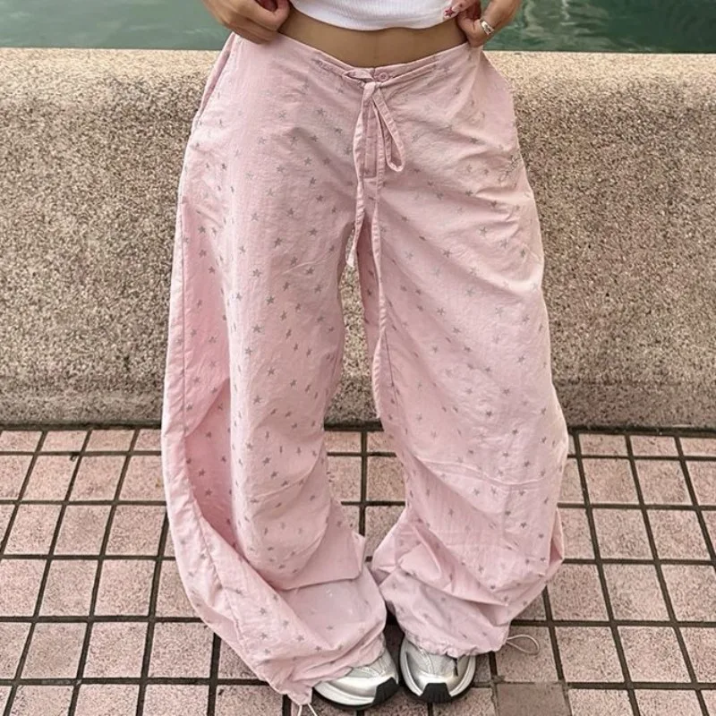

Deeptown Pink Star Graphic Print Women Sweatpants Drawstring Wide Leg American Retro Baggy Jogging Pants Y2K Harajuku Gyaru