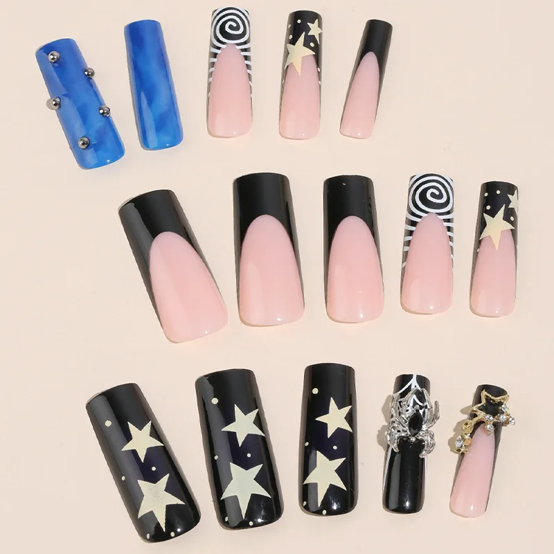 24Pcs European and American blue halo dyeing star bling diamond Press on nails fake nails