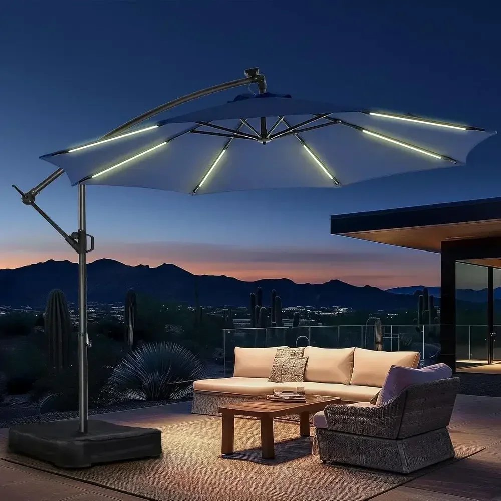 10ft Offset Cantilever Patio Umbrella with LED Light and Base, UV50+ Protection, Easy Crank Operation, Navy Blue