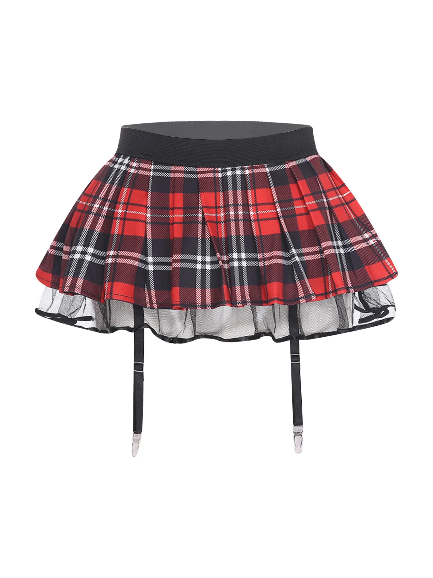 Mini-jupe de rôle de lycéenne pour femme avec jarretelles, plissée à carreaux, doublure en tulle, taille élastique, lingerie de boîte de nuit