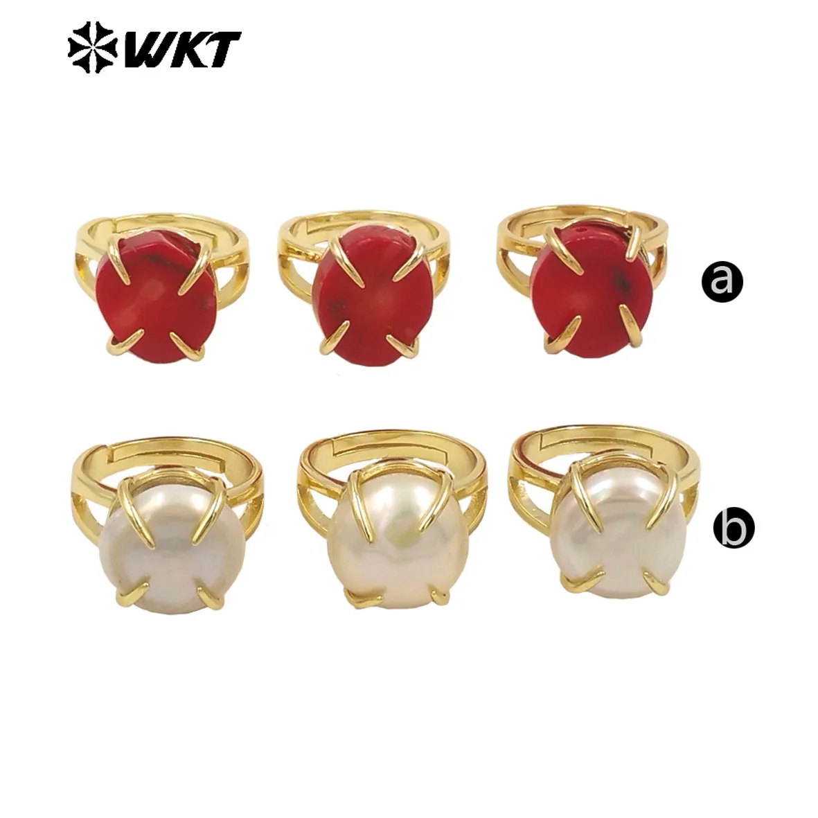 WT-MPR109 Wholesale Fashion Gold Plated Resist Tarnishable Prong Setting Red And White Freshwater Pearl Ring For Anniversary