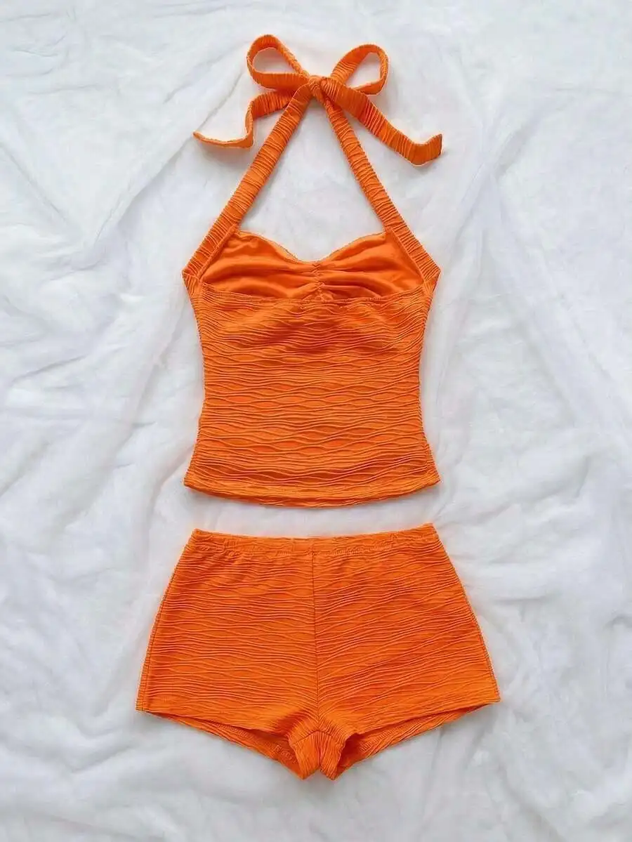 

Orange Halter Top And Shorts Set Women Beach Vacation Casual Two Piece Swimwear