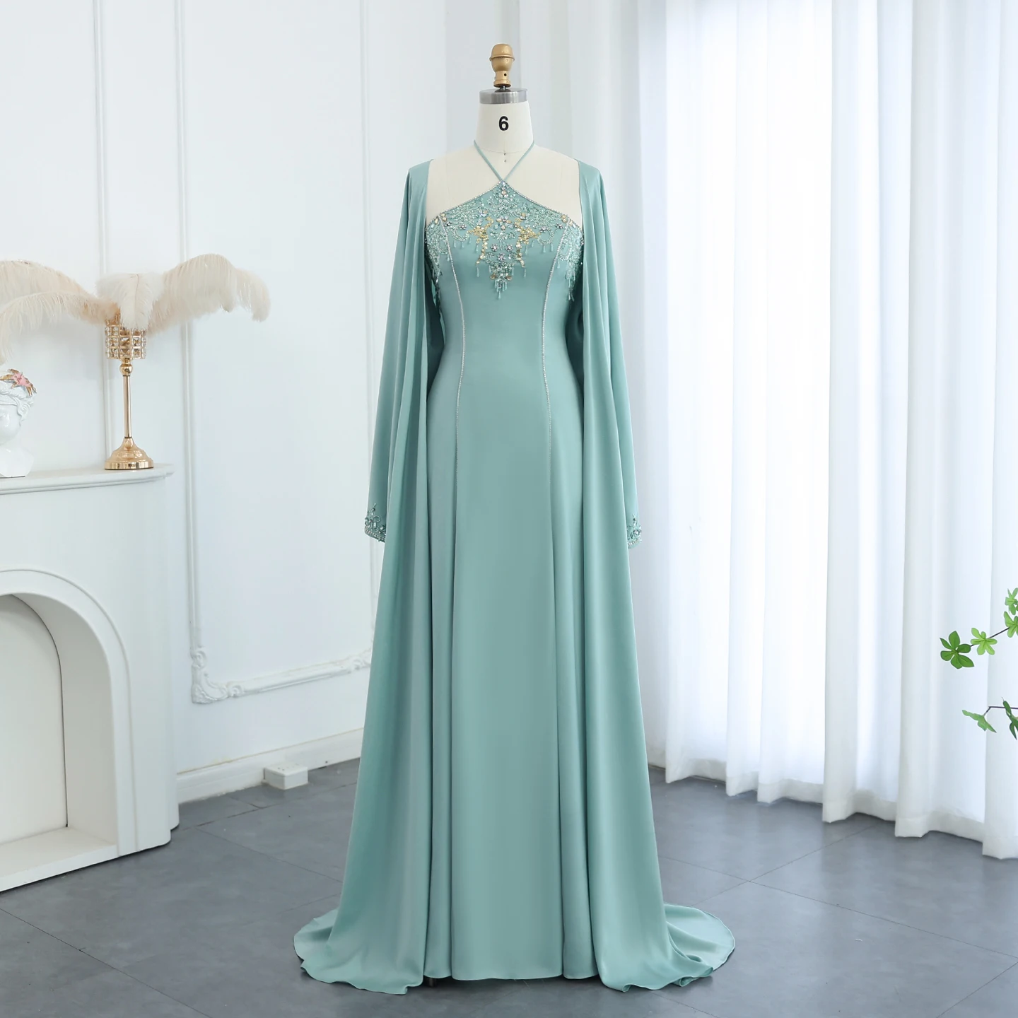 

Sharon Said Luxury Saudi Arabic Sage Green Halter Evening Dresses with Cape for Dubai Wedding Formal Party Gown SS301 Customized