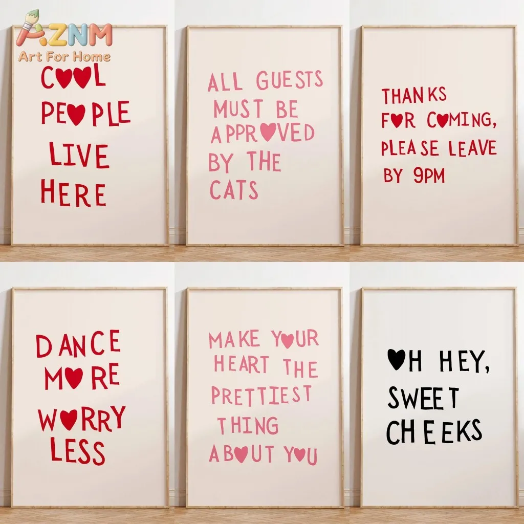 AZNM Cute Red Pink Heart Quote Canvas Wall Art Minimalist Positive Text Typography Print Unframed Canvas Painting For Bedroom Do
