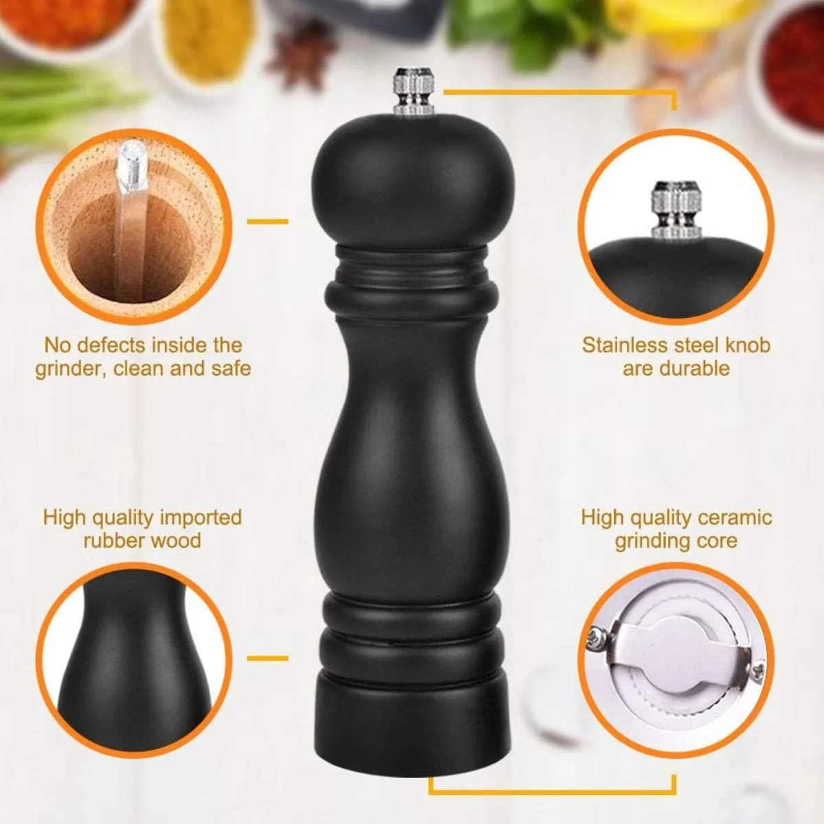 Wooden Salt and Pepper Grinder Mill 6 Inch Black Shaker Refillable Pepper Mill Wooden Grinder for Home Kitchen Tool