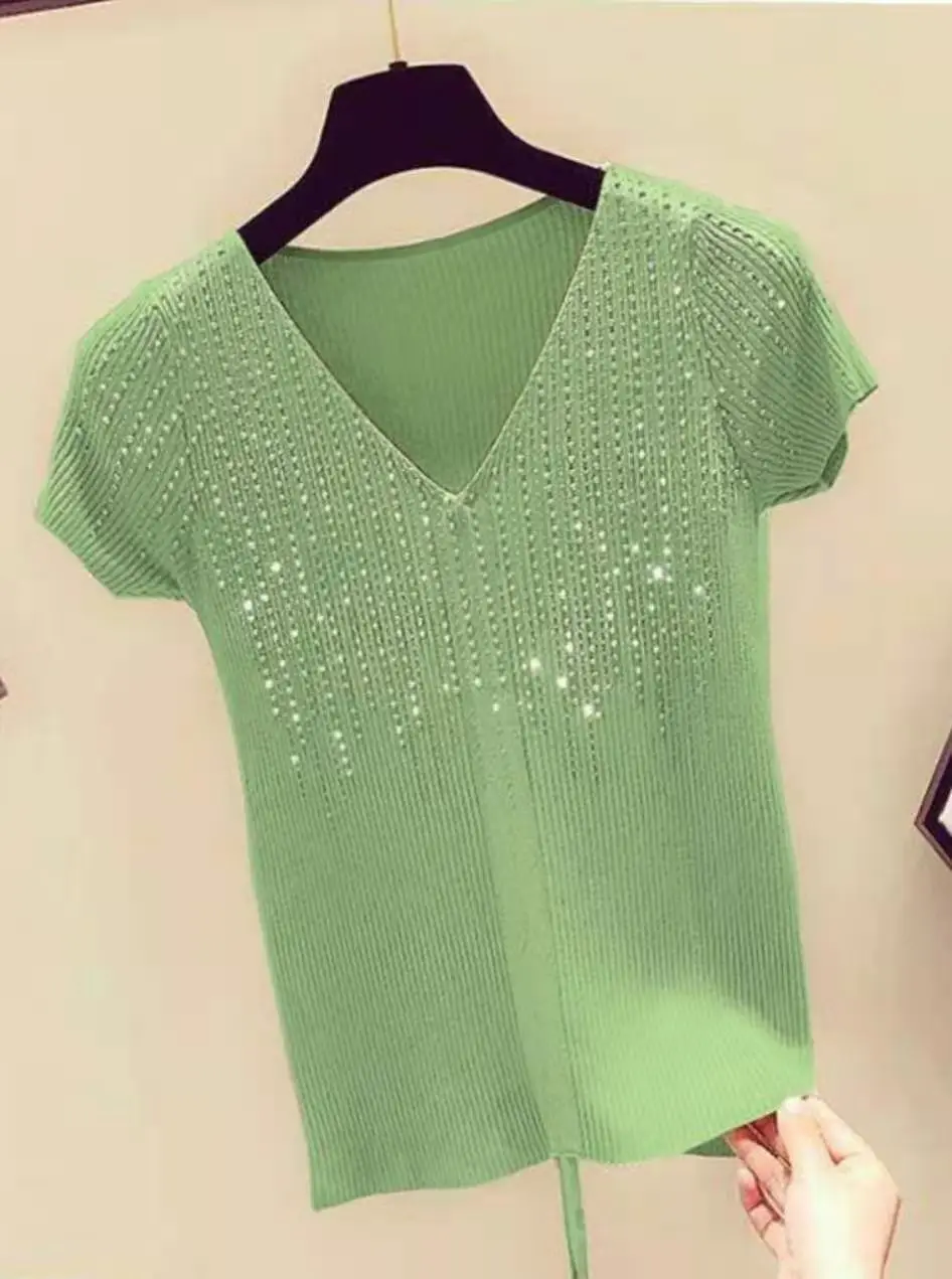 Summer Women Sweater diamond Knitted Solid color pullove short sleeve Female Casual Loose Thin Women\'s clothing 2023