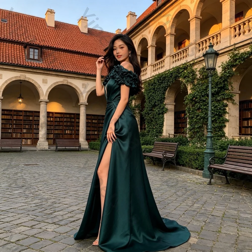 Customized Green Satin Off Shoulder Evening Dresses 2026 New Flower Detail High Seam Slimming Ball Gown Suitable for Parties