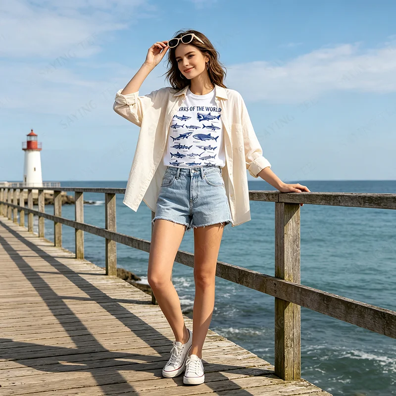 Sharks of The World Vintage Ocean Marine Life Guide T-Shirt Y2k Art Biology Ocean Nature Aesthetics Kleidung für Damen Herren Outfit – Detail 4