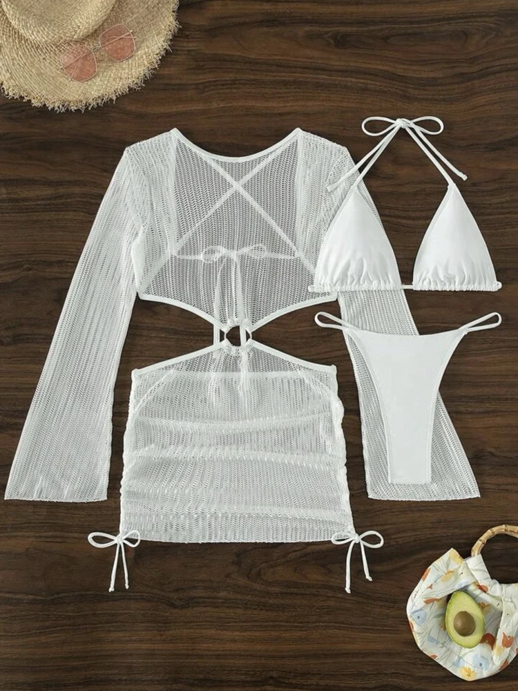 VigoCasey Sexy White 3 Piece Long Sleeve Drees Bikini Set Swimwear Women 2025 Cross Hollow Swimsuit High Cut Thong Bathing Suit