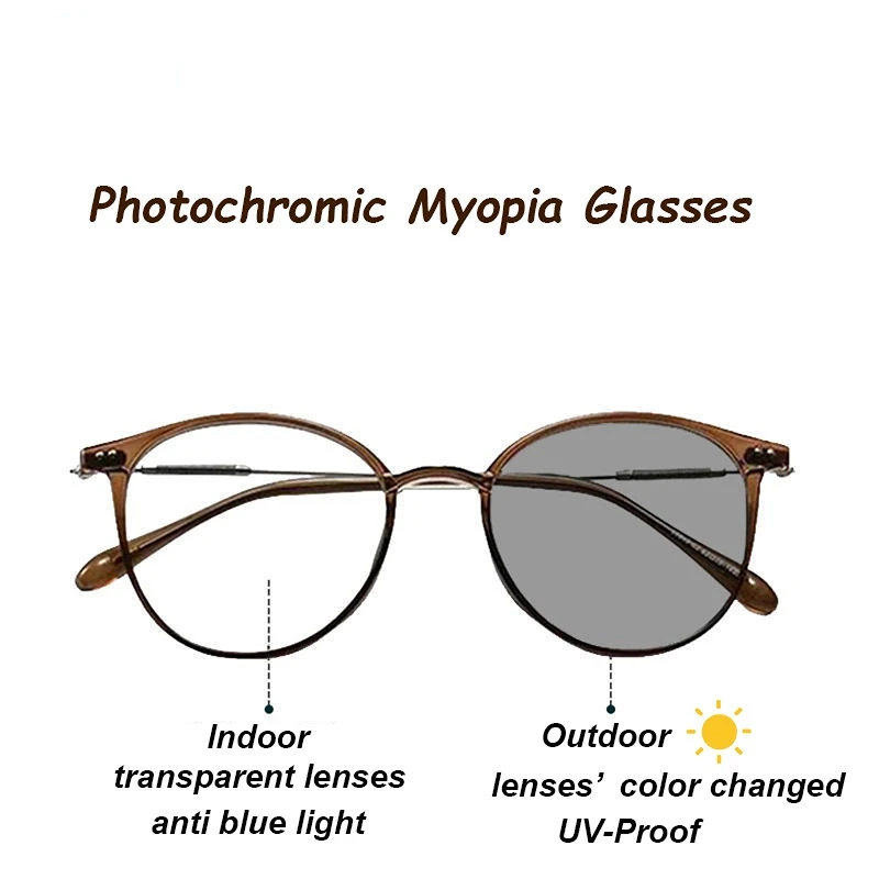 Intelligent Photochromic Myopia Glasses Women Men Ultralight Vintage Round Minus Glasses Finished Prescription Eyewear